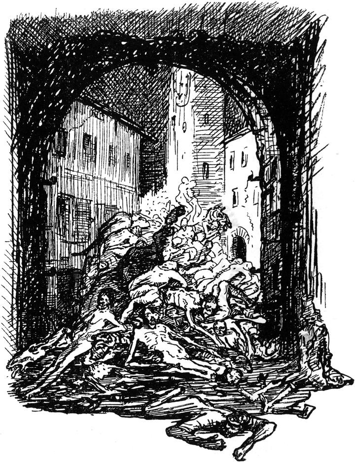 Haufen von Menschen verwesen
  in den Gassen des französischen Viertels