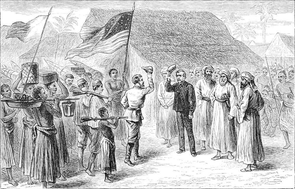 Livingstone und Stanley
  begrüßen einander und lüften ihre Mützen dabei