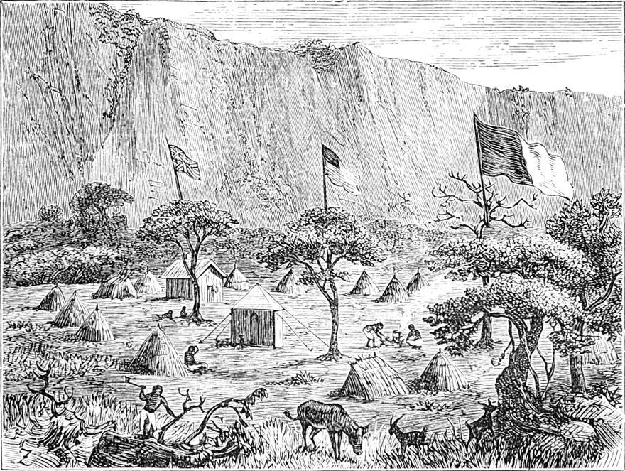 Die Expedition
  lagert am Fuß eines Steilhanges