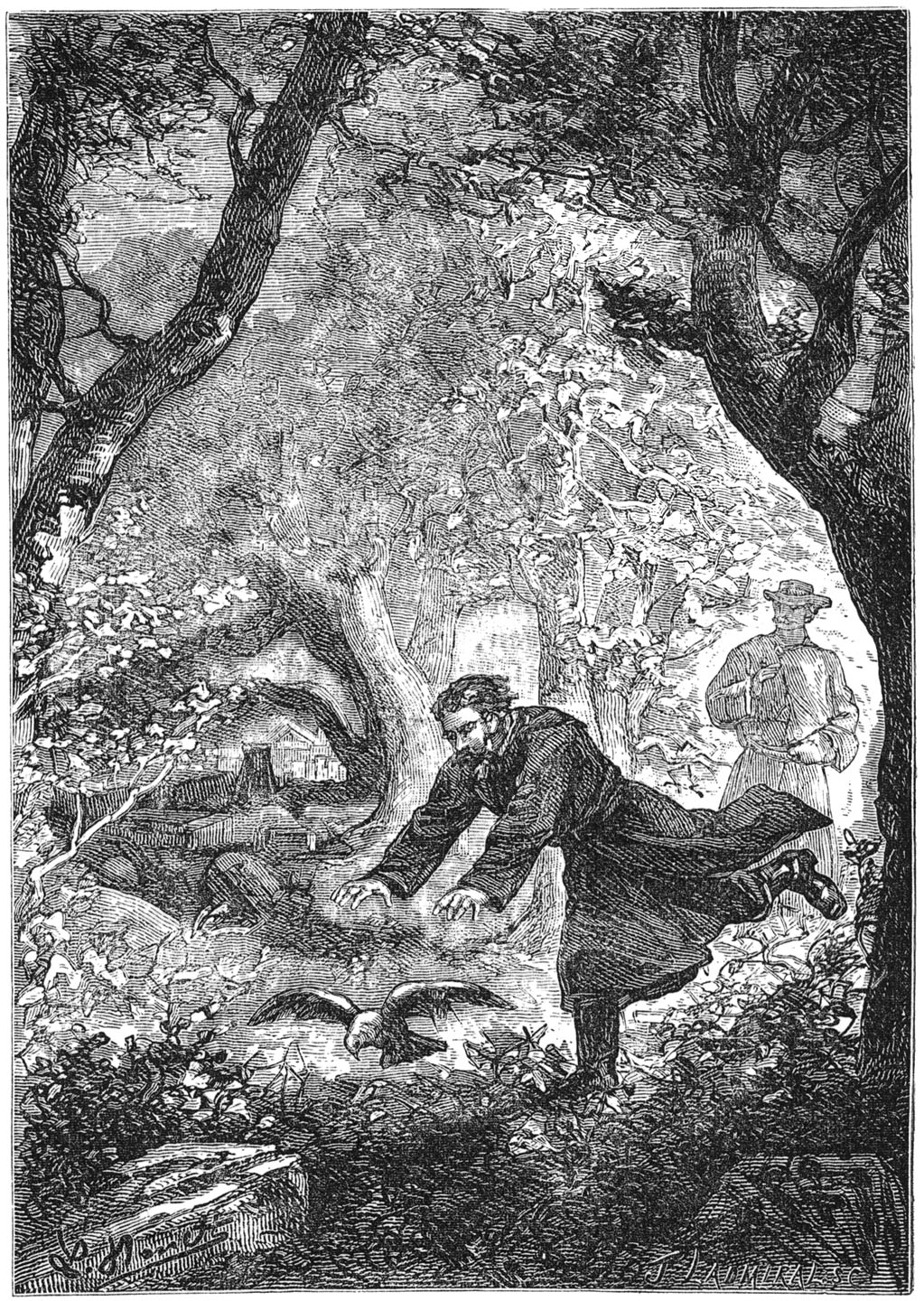 Met een sprong vooruitsnellen, de armen uitstrekken, den vogel met de hand grijpen. (Bladz. 14.)