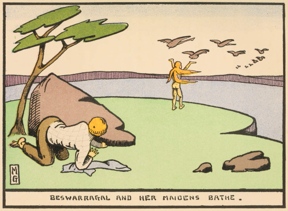 A young man looks out from behind a rock at a lake, with a naked woman standing on the shore and a flock of birds flying overhead.