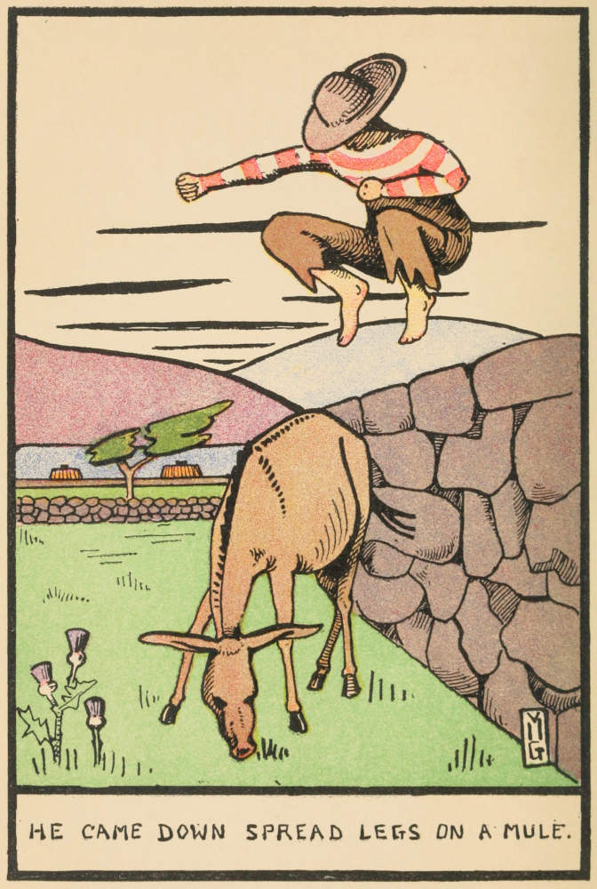 A young man has just leaped over a stone wall into a field, where he is about to land on the back of a mule.