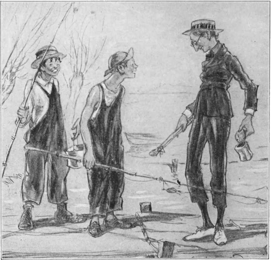 Jibby Jones in a too-small suit talking to two boys