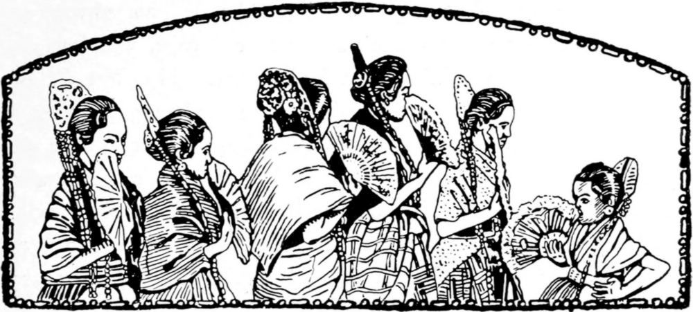 Kopfvignette: Einheimische Damen
  mit Kopfschmuck und Fächer