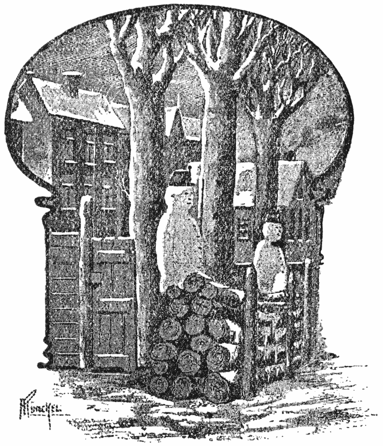 ... een paar reusachtige sneeuwmannen, die uitdagend over het Wed keken.